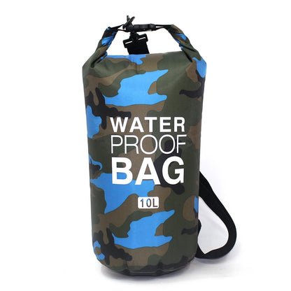 Camouflage-patterned waterproof bag with 'Waterproof Bag' text on a white background