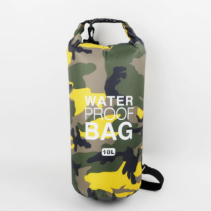 Camouflage-patterned waterproof bag with 'Waterproof Bag' text on a white background