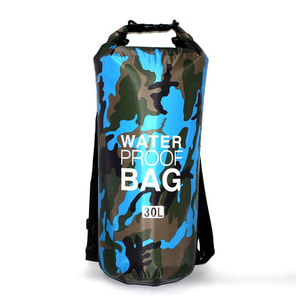 Camouflage-patterned waterproof bag with 'Waterproof Bag' text on a white background
