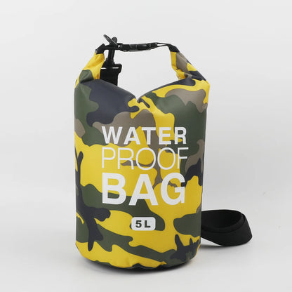 Camouflage-patterned waterproof bag with 'Waterproof Bag' text on a white background