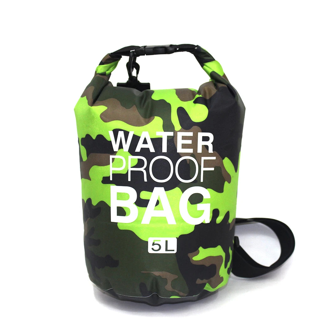 Camouflage-patterned waterproof bag with 'Waterproof Bag' text on a white background
