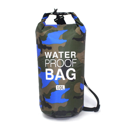 Camouflage-patterned waterproof bag with 'Waterproof Bag' text on a white background