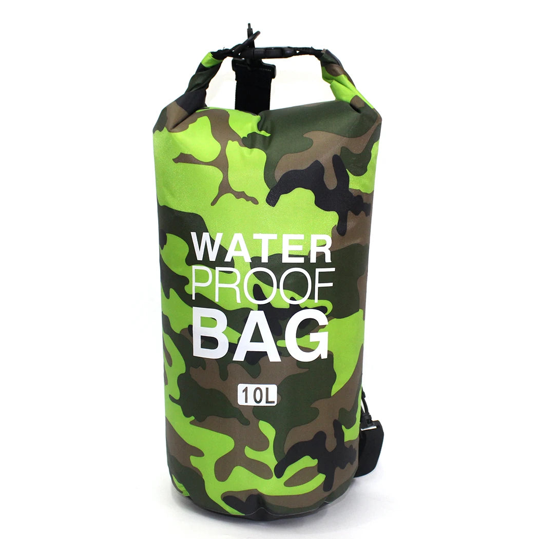 Camouflage-patterned waterproof bag with 'Waterproof Bag' text on a white background