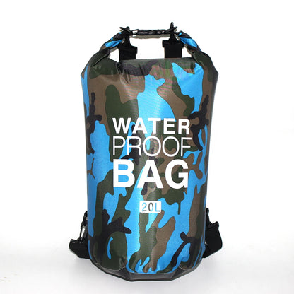 Camouflage-patterned waterproof bag with 'Waterproof Bag' text on a white background