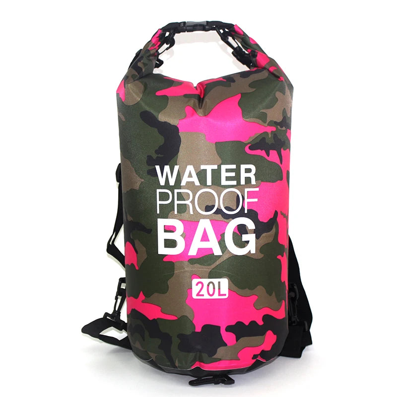 Camouflage-patterned waterproof bag with pink accents on a white background