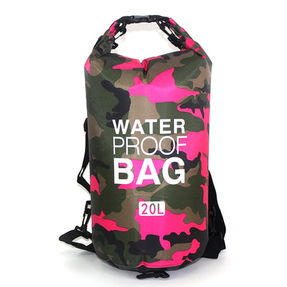 Camouflage-patterned waterproof bag with pink accents on a white background