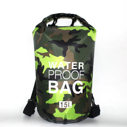Camouflage-patterned waterproof bag with 'Waterproof Bag 15L' text on a white background