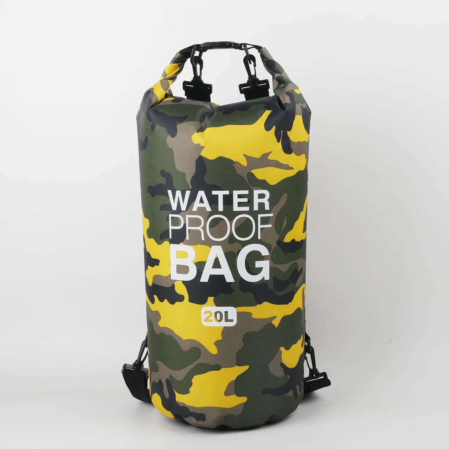 Camouflage-patterned waterproof bag with 'Waterproof Bag' text on a white background