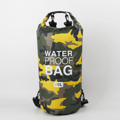 Camouflage-patterned waterproof bag with 'Waterproof Bag' text on a white background