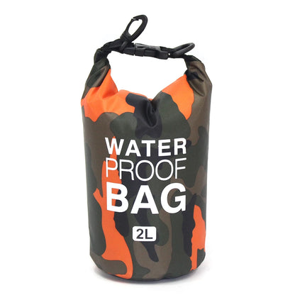 Camouflage-patterned waterproof bag with 'Waterproof Bag' text on a white background