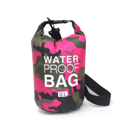 Pink and green camouflage waterproof bag with 'Waterproof Bag' text on a white background