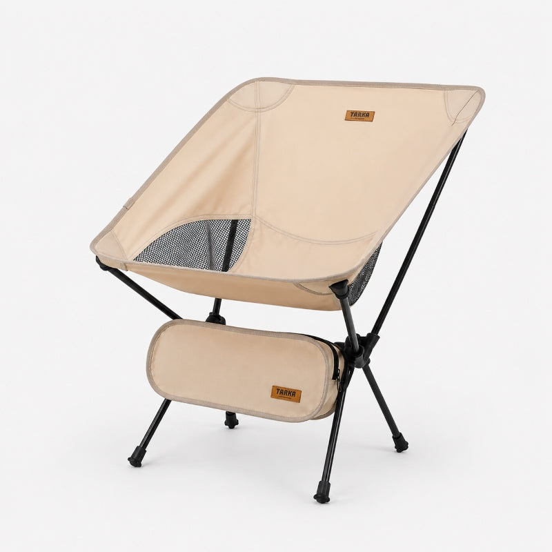 Lightweight folding camping chair in beige — 600D fabric, 6013 aluminium frame, 900g carry bag include