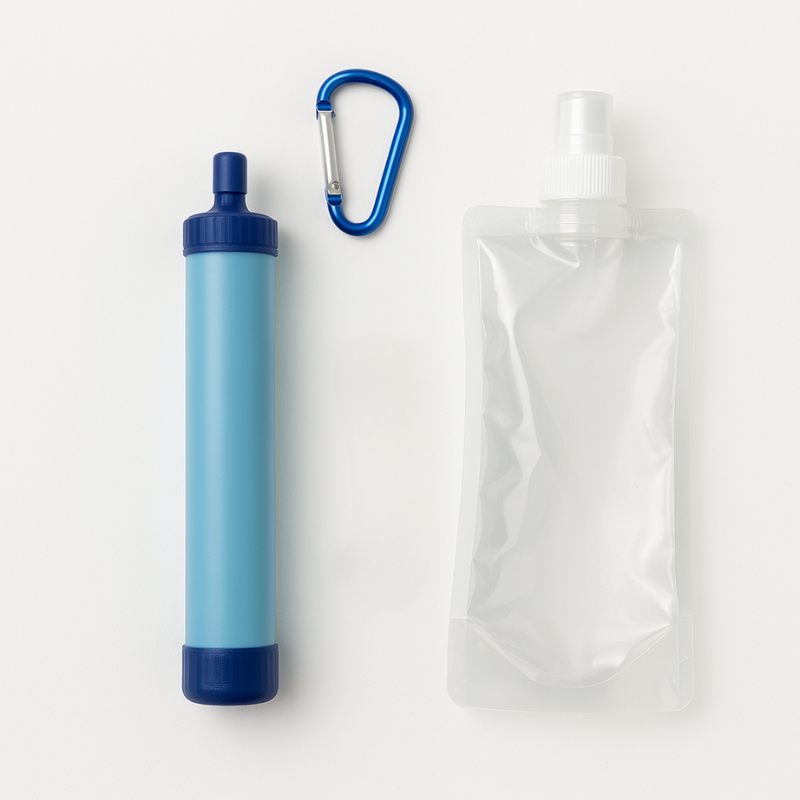 Blue water filter with carabiner and clear water foldable bag on a white background