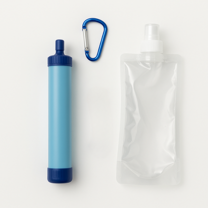 Blue water filter with carabiner and clear water foldable bag on a white background