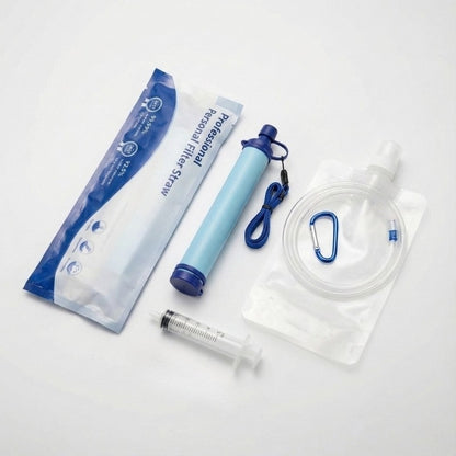 Portable water filter straw kit with storage bag, hose, syringe and accessories for outdoor use