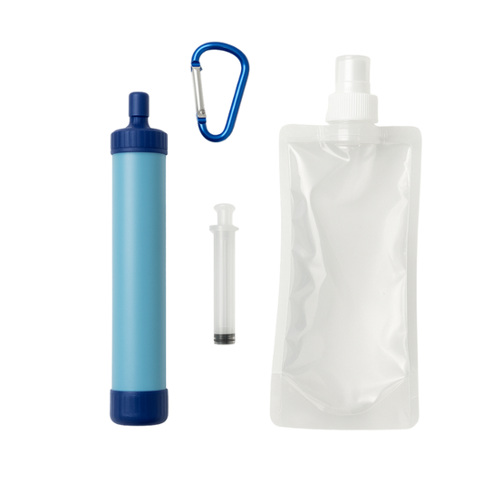 Blue water filter with carabiner, clear water pouch, and black filter on a white background