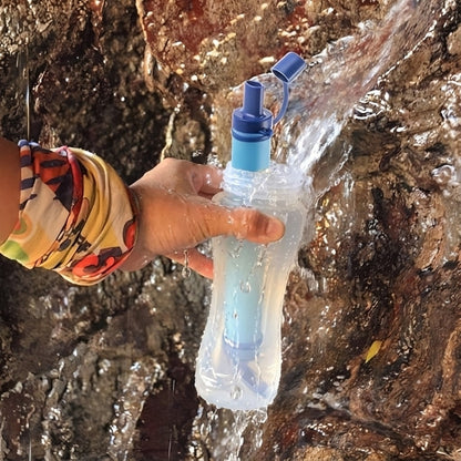 Water filter straw connected to bottle, portable outdoor water filtration system for camping and hiking