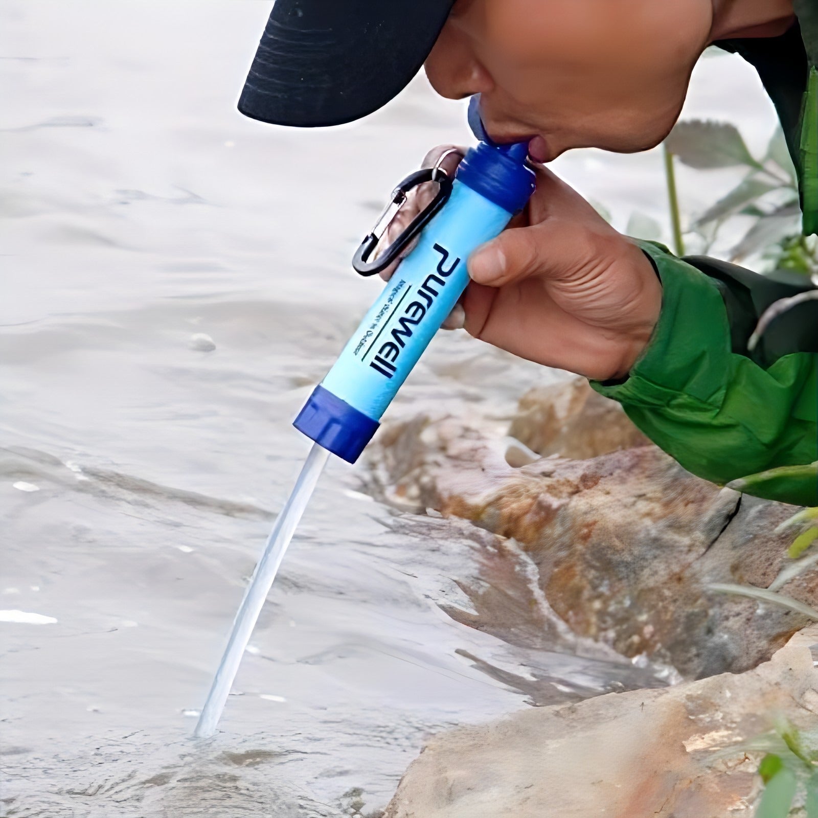 Person using a portable water filter device by a stream
