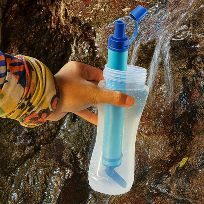 Person using a water filter bottle in a natural setting with water flowing.