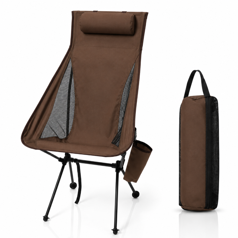 High back camping chair in brown and black with carry bags, multiple colour options