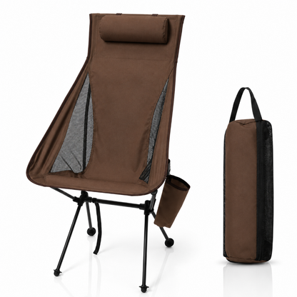 High back camping chair in brown and black with carry bags, multiple colour options