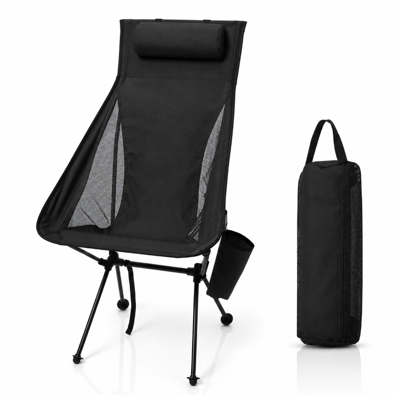 High back camping chair in black with carry bags, 