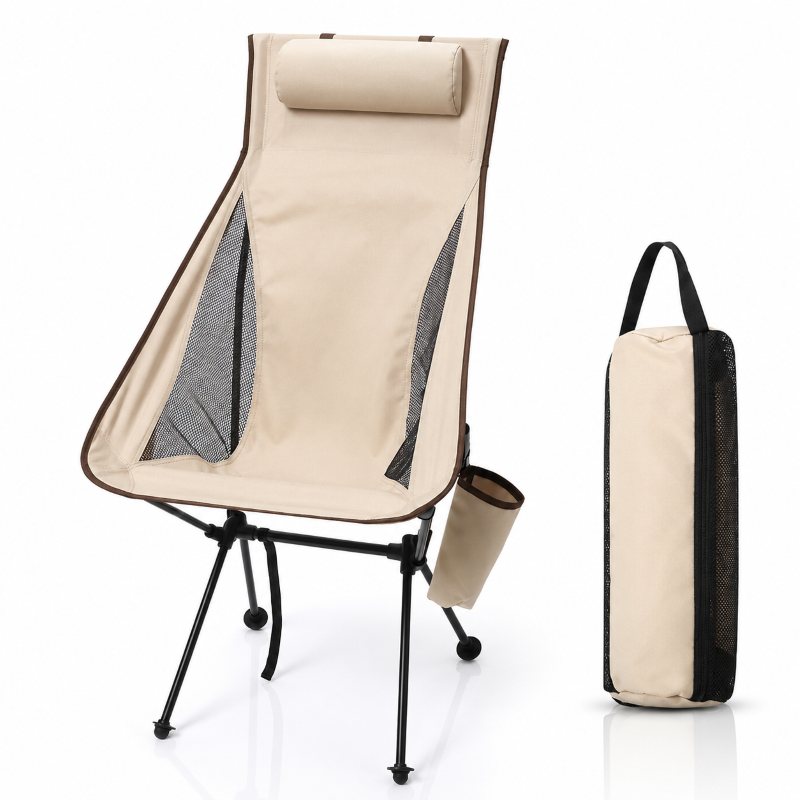 igh back folding camping chair in beige with padded headrest, cup holder and carry bag