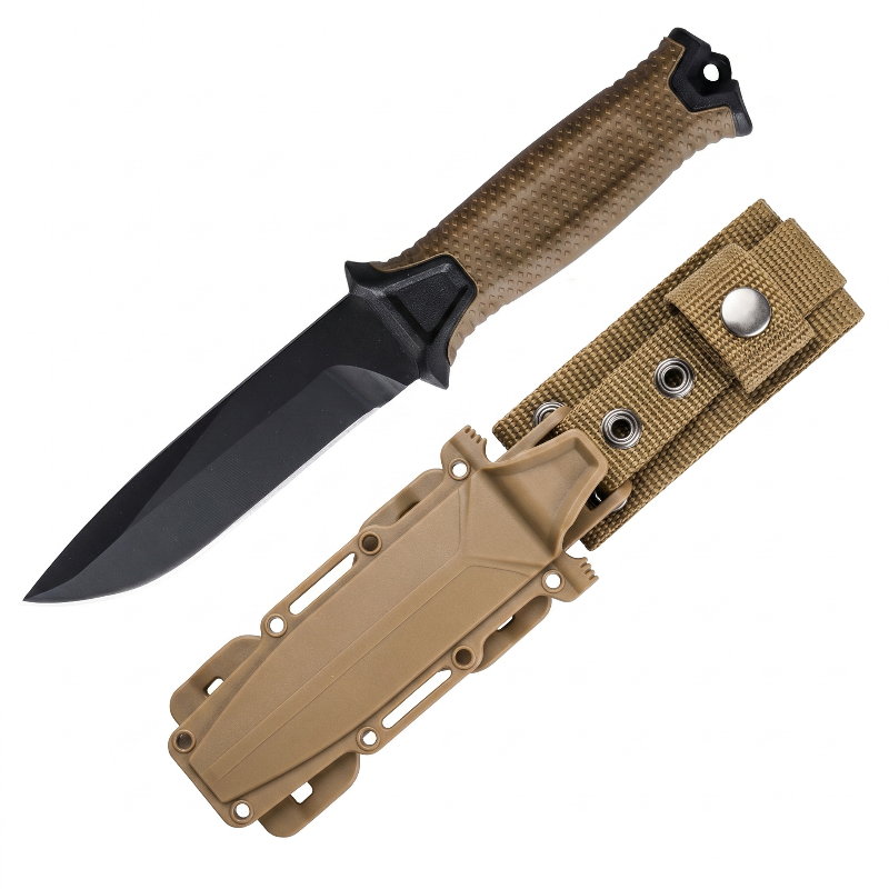 Fixed blade camping knife with ABS sheath and nylon belt loop — high-carbon steel survival knife in Orange tan