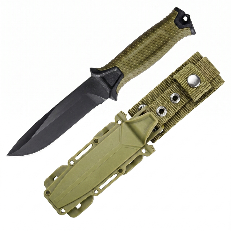 Fixed blade camping knife with ABS sheath and nylon belt loop — high-carbon steel survival knife in Army Green