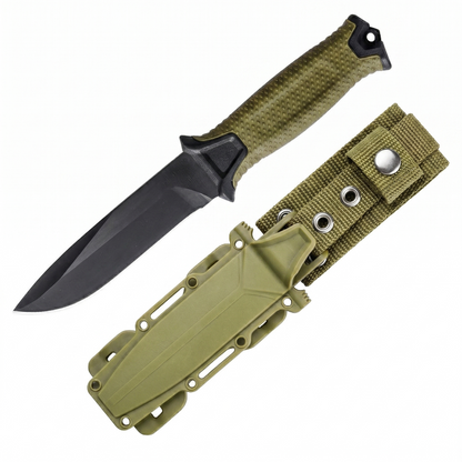Fixed blade camping knife with ABS sheath and nylon belt loop — high-carbon steel survival knife in Army Green