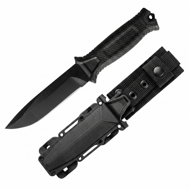 Fixed blade camping knife with ABS sheath and nylon belt loop — high-carbon steel survival knife in Onyx Black