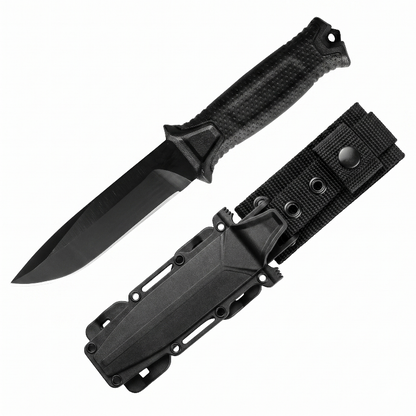 Fixed blade camping knife with ABS sheath and nylon belt loop — high-carbon steel survival knife in Onyx Black