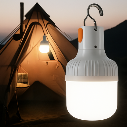 Camping light with hook hanging in front of a tent
