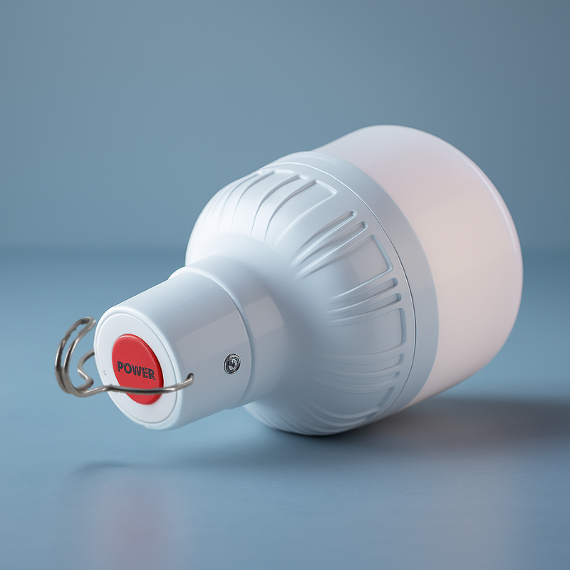 Portable LED Light bulb with a power button on a gray background