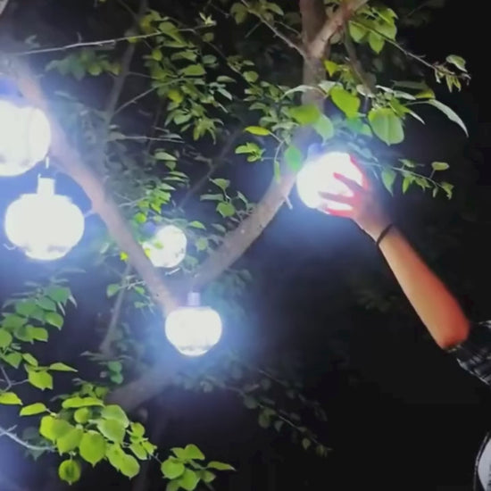 Video demonstration of a camping LED lantern showing all 5 lighting modes: low, medium, high brightness, SOS emergency signal, and strobe mode