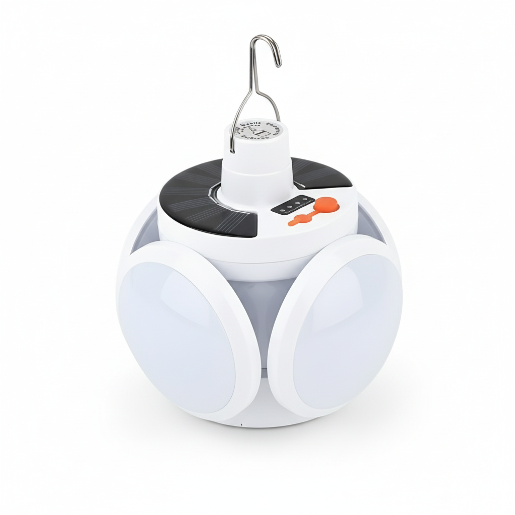 White hanging light bulb with solar panel and control buttons on a white background