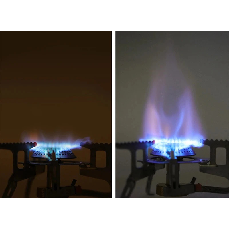 Two images showing a gas stove with flames on a dark and light background.