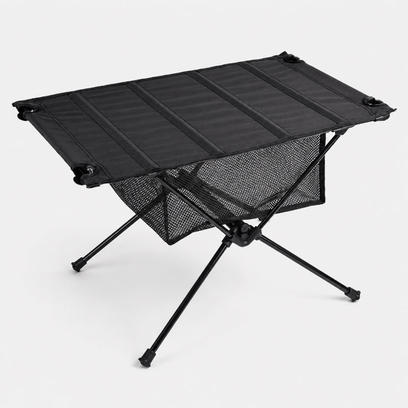 Folding camping table in black showing mesh storage shelf underneath