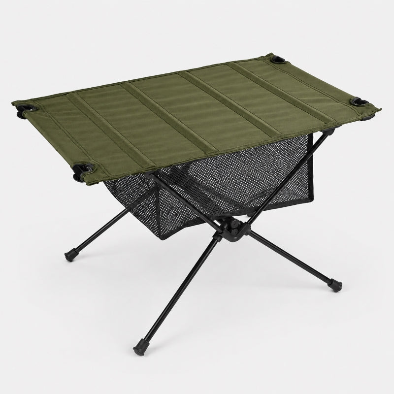 Folding camping table in olive green showing mesh storage shelf underneath