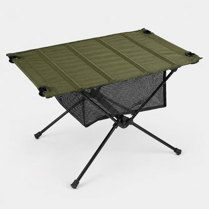 Folding camping table in olive green showing mesh storage shelf underneath