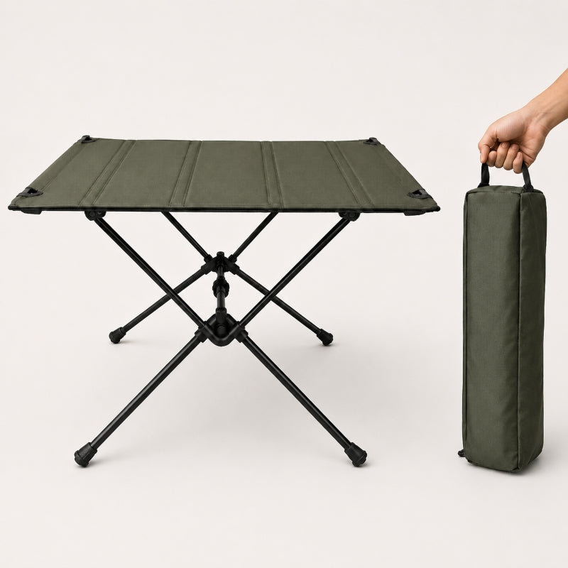 750g folding camping table in olive green with carry bag, front view