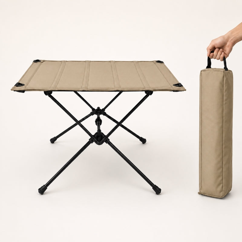 750g folding camping table in sand khaki with carry bag, front view