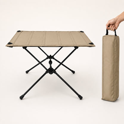 750g folding camping table in sand khaki with carry bag, front view