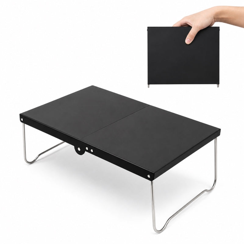 320g ultralight folding table in black, open and folded side by side