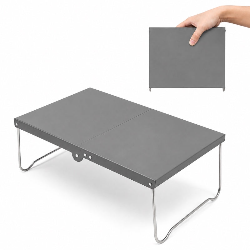 320g ultralight folding table in slate grey, open and folded side by side