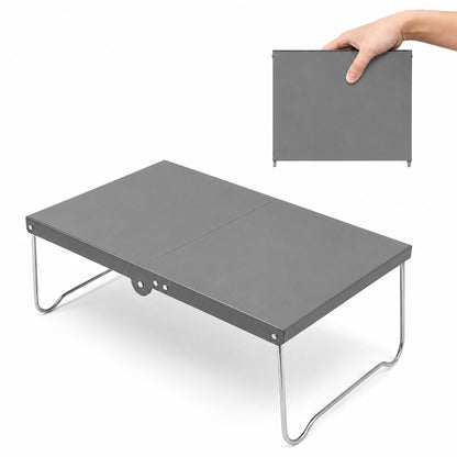320g ultralight folding table in slate grey, open and folded side by side