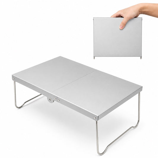 320g ultralight folding table in silver, open and folded side by side