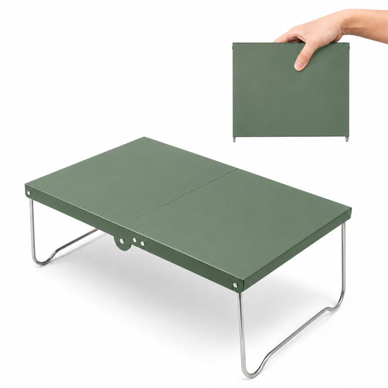 320g ultralight folding table in olive green, open and folded side by side